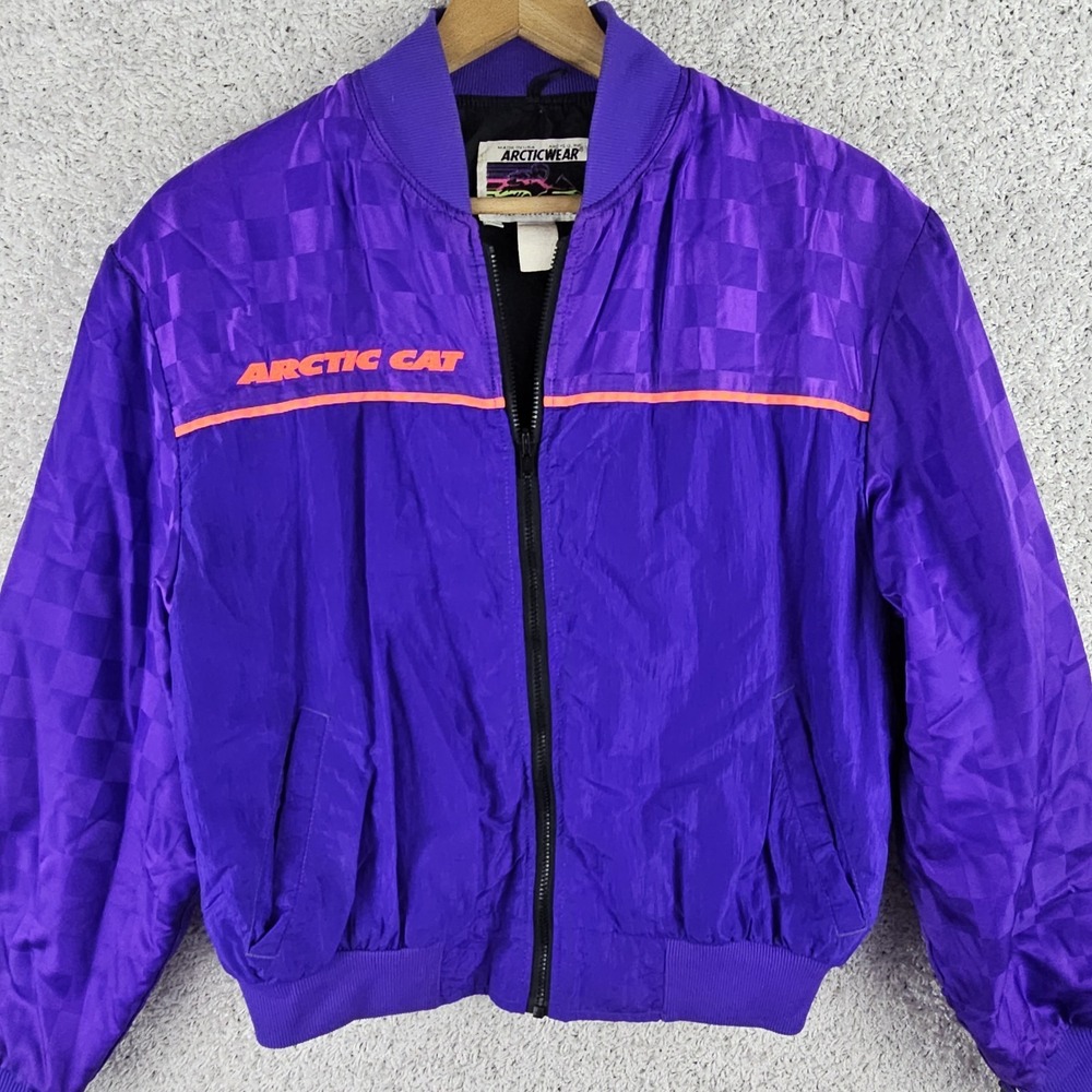 Vintage 90s Arcticwear‎ Cat Jacket Womens Large Purple Checkered Flag Made USA